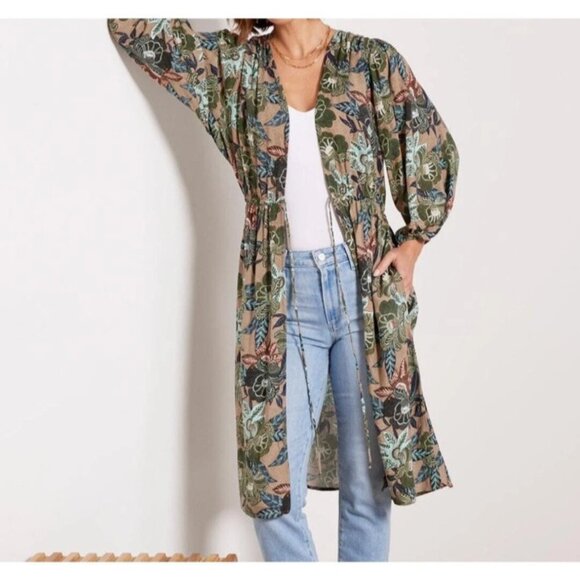 Evereve Maxi Wrap Kimono Size XS Small Mindy Green Floral Boho Fall - Picture 1 of 14